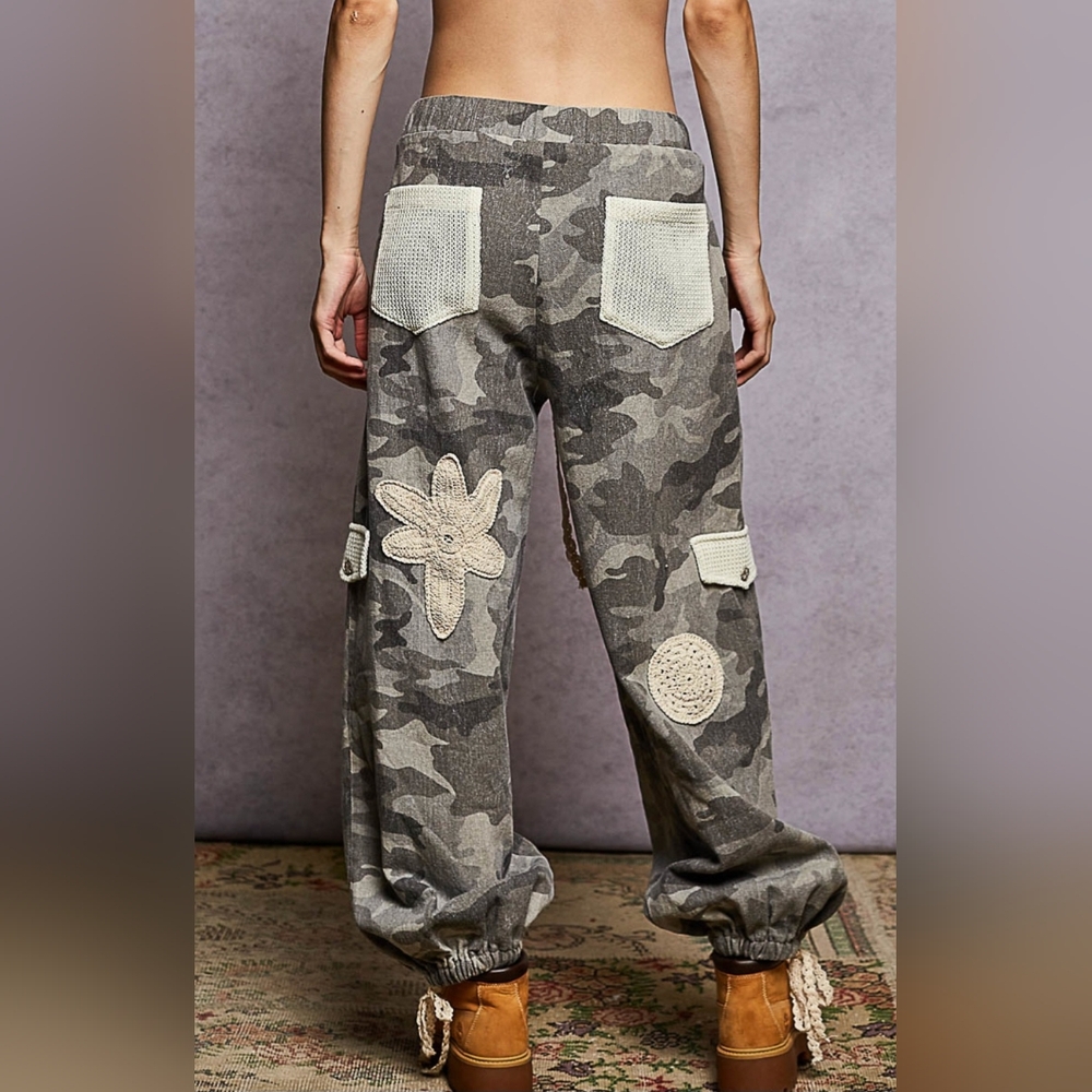 #796 Camo Pants In Printed Detail With  Crochet Patches - Picture 3 of 9